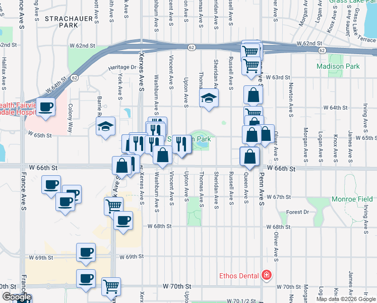 map of restaurants, bars, coffee shops, grocery stores, and more near 2720 West 66th Street in Minneapolis