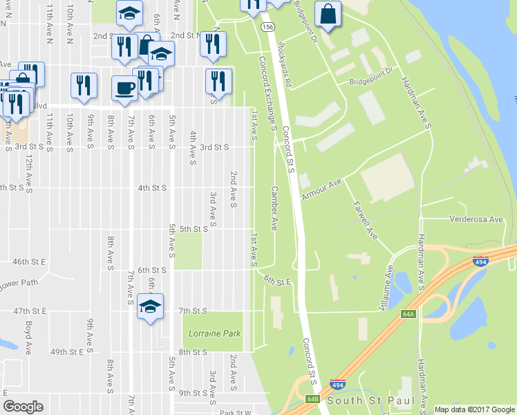 map of restaurants, bars, coffee shops, grocery stores, and more near 429 1st Avenue South in South Saint Paul