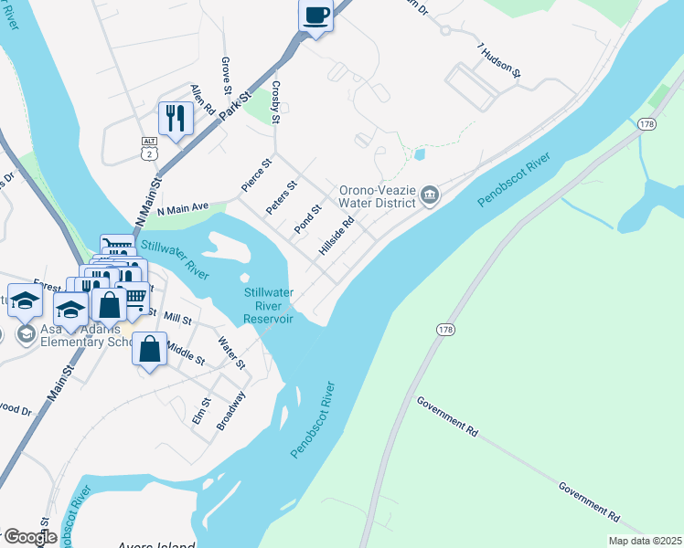 map of restaurants, bars, coffee shops, grocery stores, and more near 20 Penobscot Street in Orono