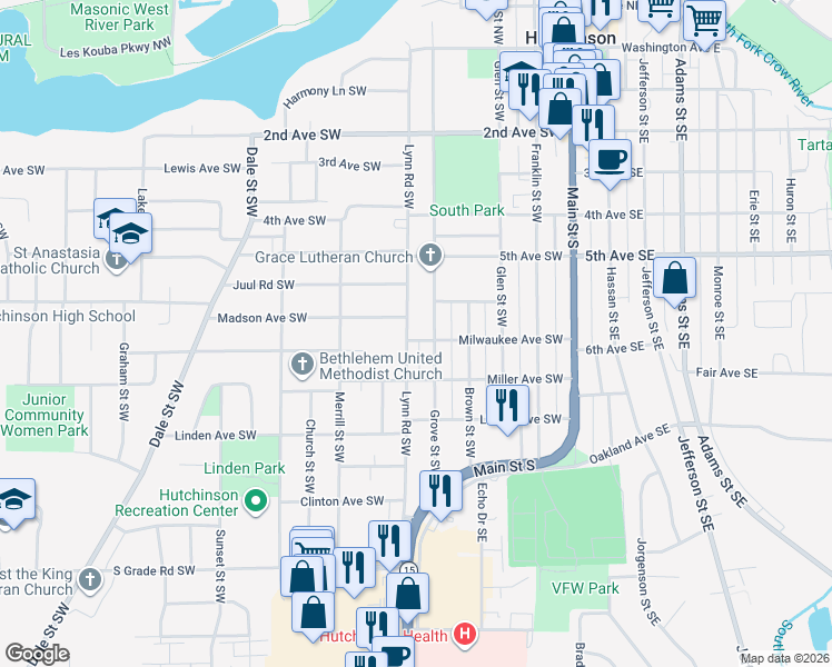 map of restaurants, bars, coffee shops, grocery stores, and more near 595 Lynn Road Southwest in Hutchinson
