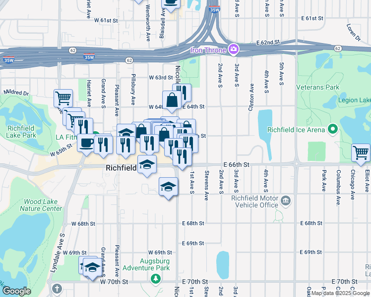 map of restaurants, bars, coffee shops, grocery stores, and more near 6519 Nicollet Avenue in Minneapolis