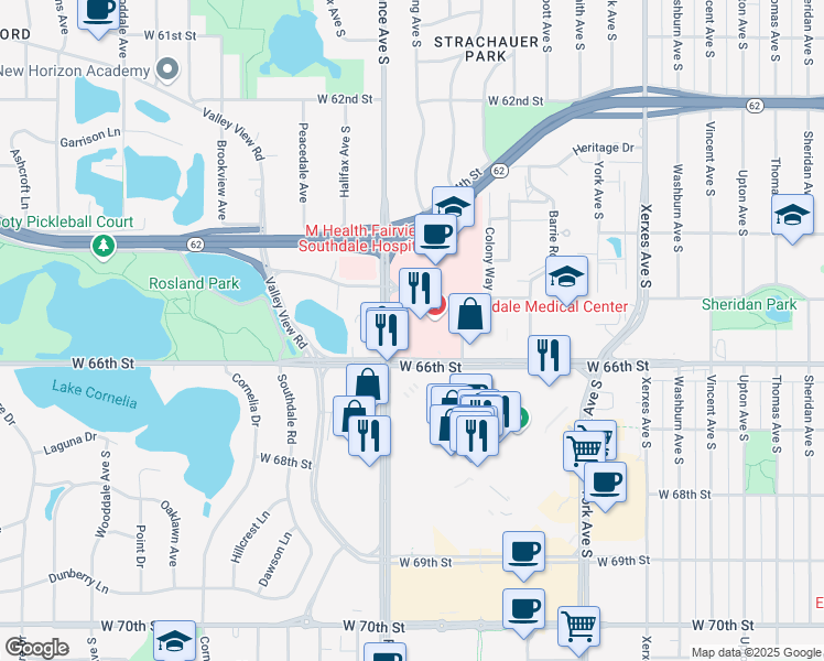 map of restaurants, bars, coffee shops, grocery stores, and more near 6545 France Avenue South in Edina