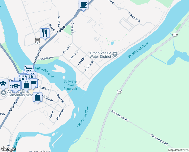 map of restaurants, bars, coffee shops, grocery stores, and more near 20 Penobscot Street in Orono