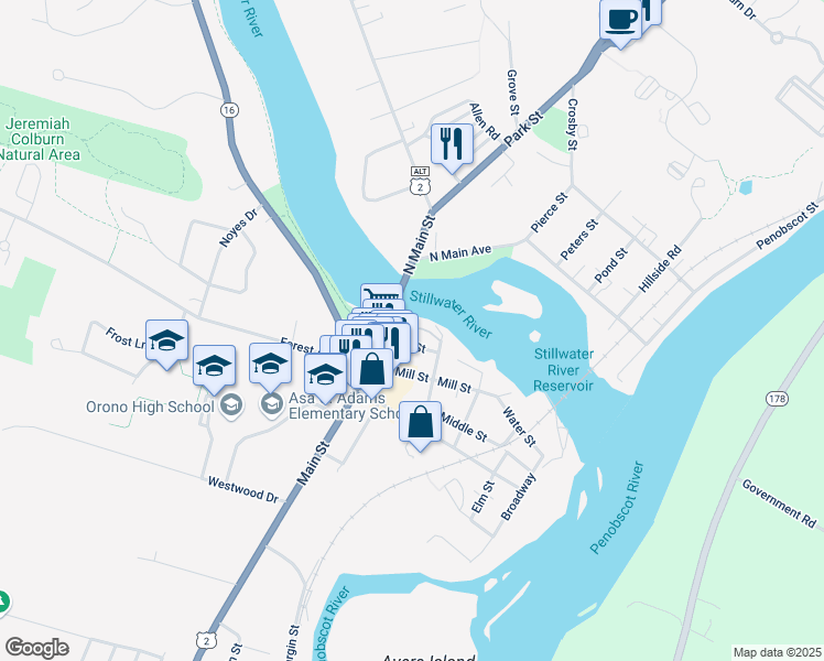 map of restaurants, bars, coffee shops, grocery stores, and more near 3 Canal Street in Orono