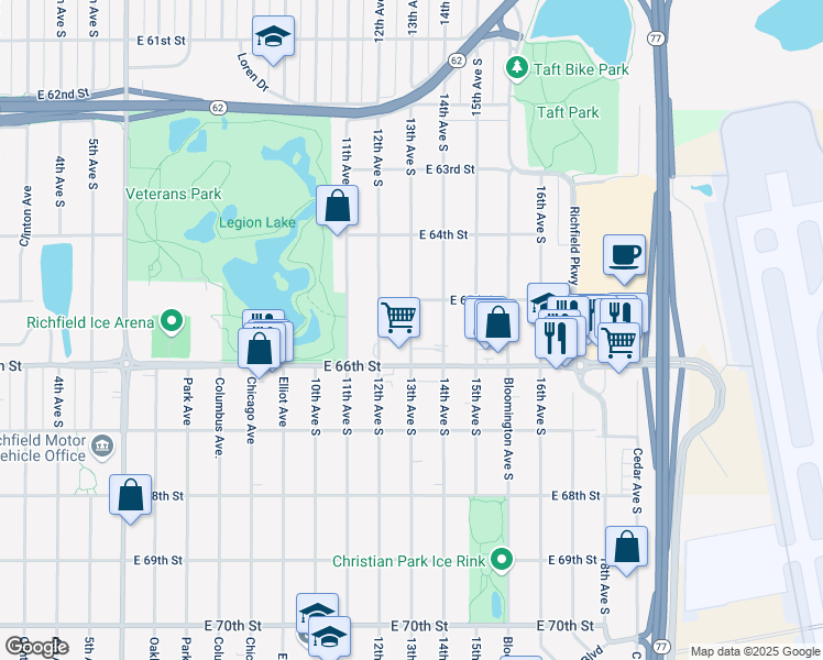 map of restaurants, bars, coffee shops, grocery stores, and more near 6521 13th Avenue South in Minneapolis
