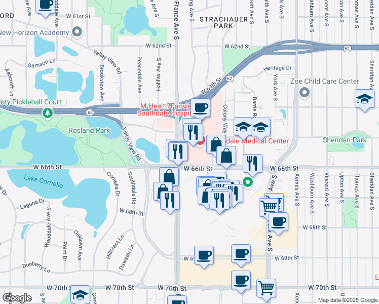 map of restaurants, bars, coffee shops, grocery stores, and more near 6551 France Avenue South in Edina