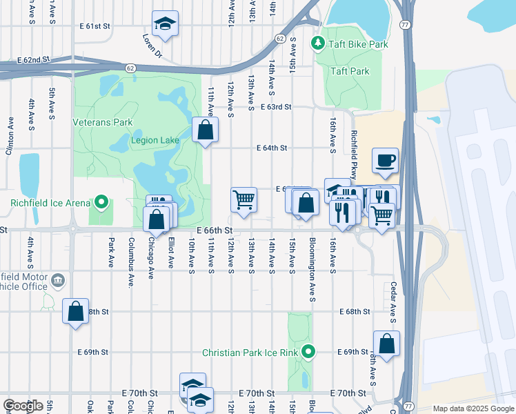 map of restaurants, bars, coffee shops, grocery stores, and more near 6521 13th Avenue South in Minneapolis