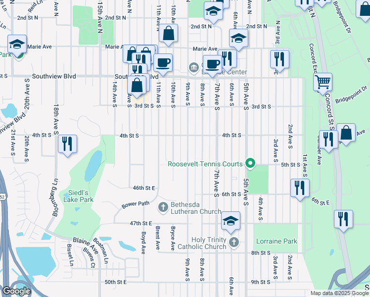map of restaurants, bars, coffee shops, grocery stores, and more near 424 9th Avenue South in South Saint Paul