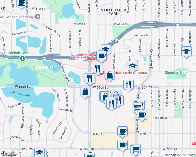 map of restaurants, bars, coffee shops, grocery stores, and more near 6545 France Avenue South in Edina