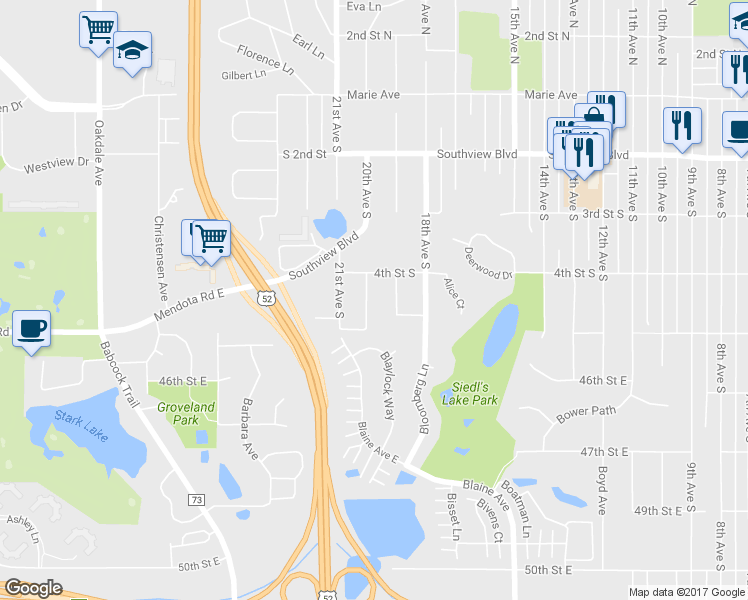 map of restaurants, bars, coffee shops, grocery stores, and more near 427 20th Avenue South in South Saint Paul