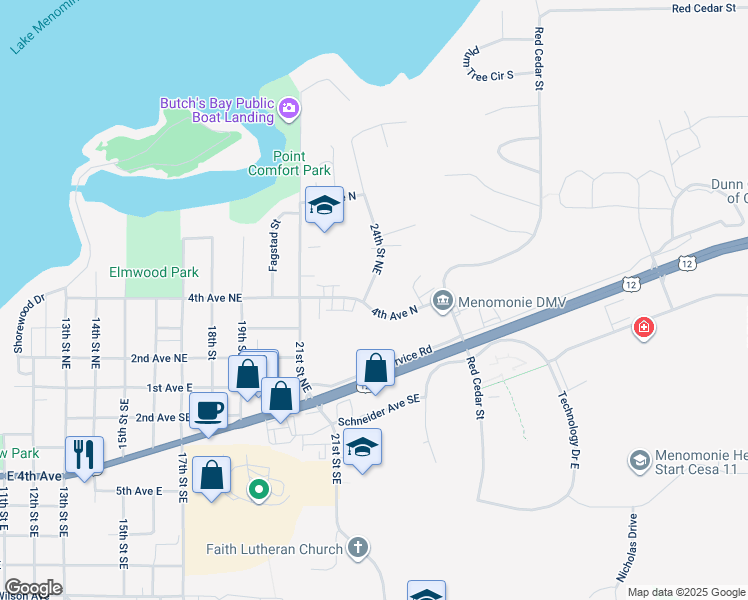 map of restaurants, bars, coffee shops, grocery stores, and more near 408 24th Street Northeast in Menomonie