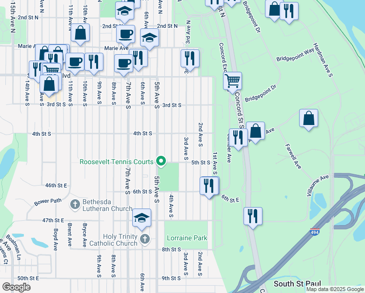 map of restaurants, bars, coffee shops, grocery stores, and more near 424 3rd Avenue South in South Saint Paul