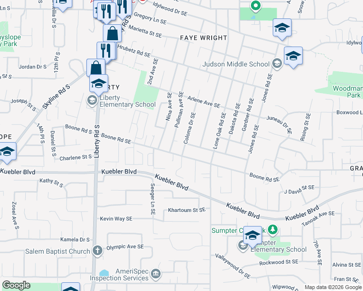 map of restaurants, bars, coffee shops, grocery stores, and more near 4955 Coloma Drive Southeast in Salem
