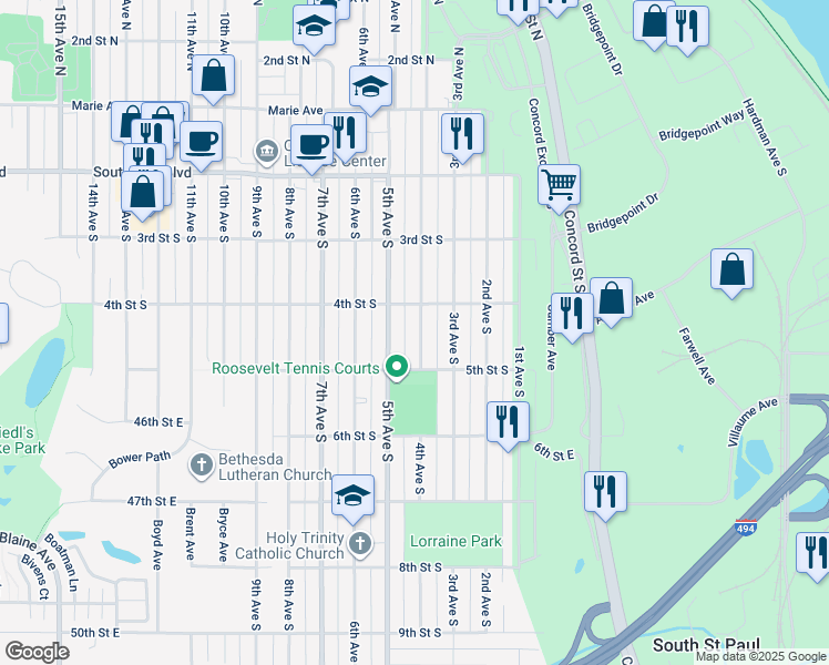 map of restaurants, bars, coffee shops, grocery stores, and more near 422 4th Avenue South in South Saint Paul