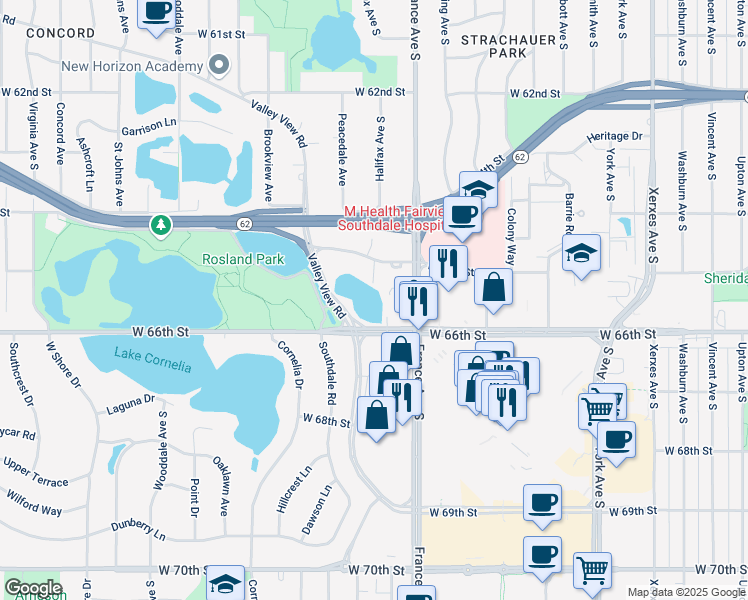 map of restaurants, bars, coffee shops, grocery stores, and more near 6566 France Avenue South in Edina