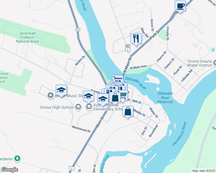 map of restaurants, bars, coffee shops, grocery stores, and more near 25 Bennoch Road in Orono