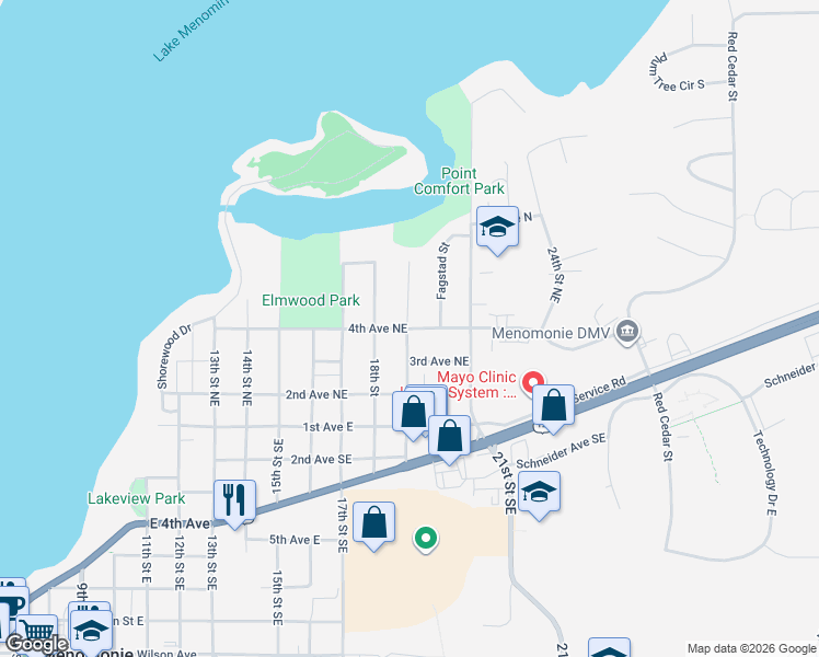 map of restaurants, bars, coffee shops, grocery stores, and more near 1906 4th Avenue Northeast in Menomonie