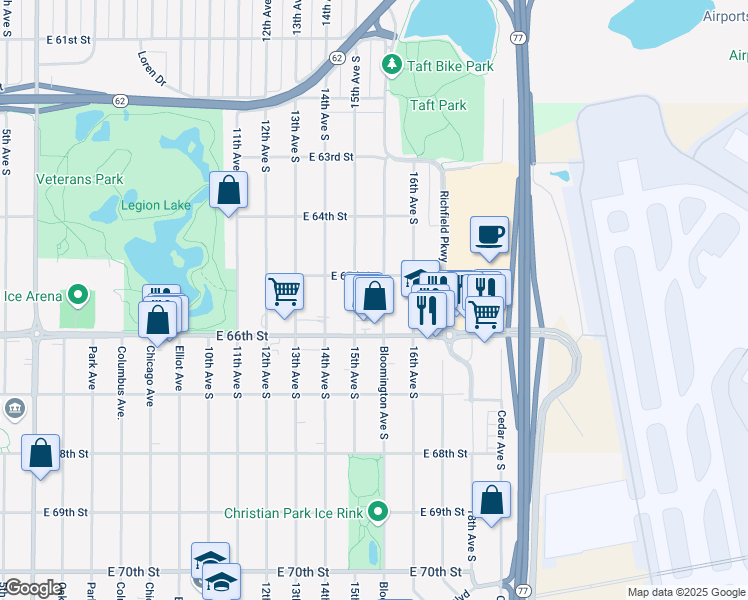 map of restaurants, bars, coffee shops, grocery stores, and more near 6526 Bloomington Avenue South in Minneapolis