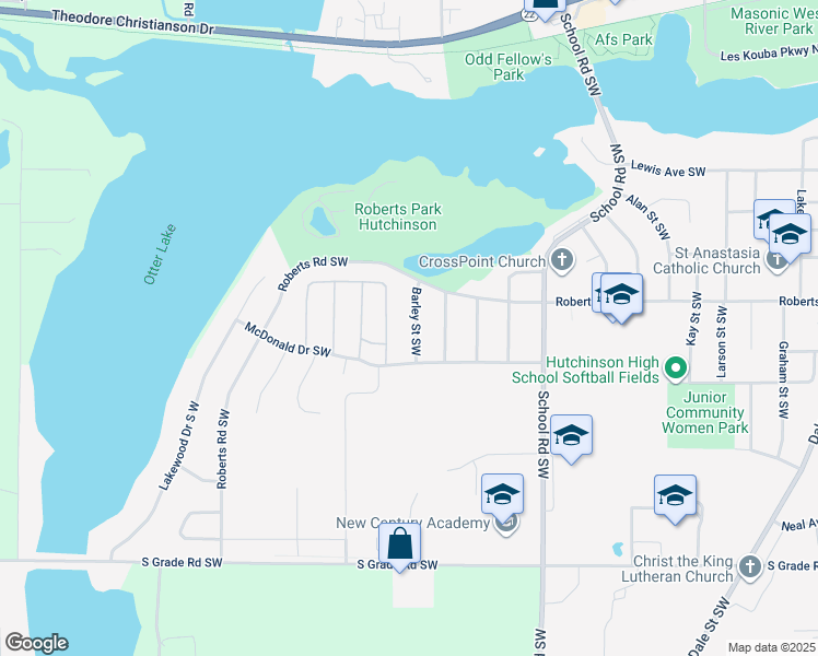 map of restaurants, bars, coffee shops, grocery stores, and more near 550 Barley Street Southwest in Hutchinson