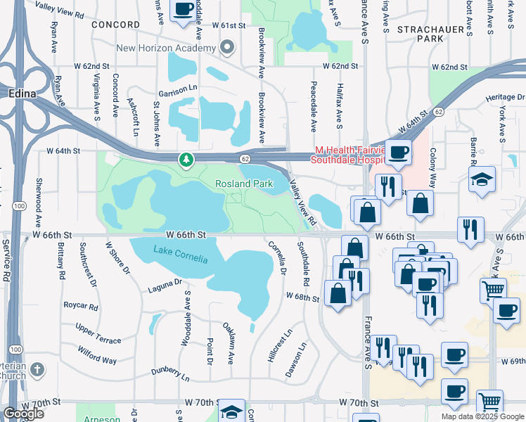 map of restaurants, bars, coffee shops, grocery stores, and more near 4300 West 66th Street in Edina