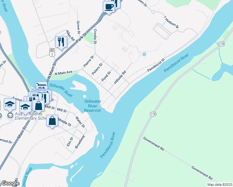 map of restaurants, bars, coffee shops, grocery stores, and more near 20 Penobscot Street in Orono