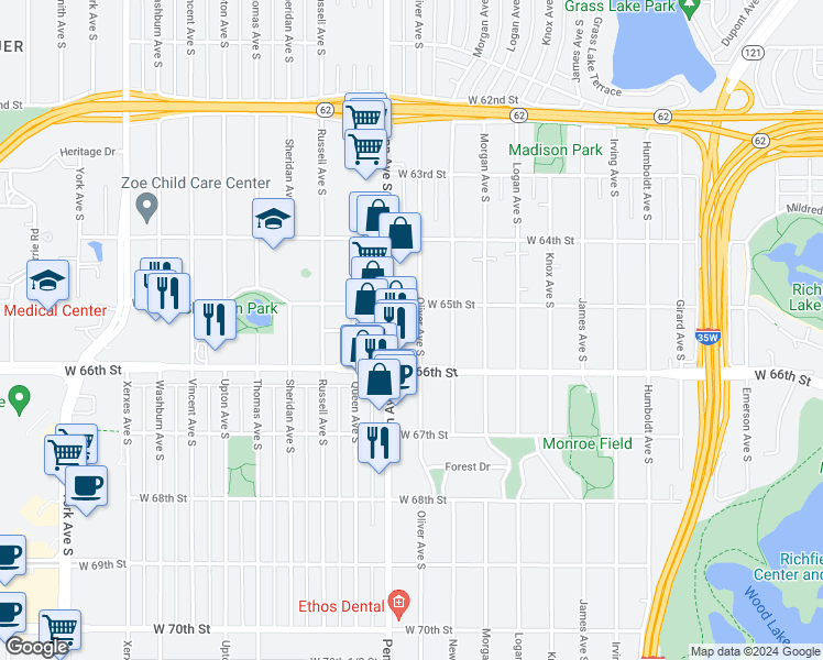 map of restaurants, bars, coffee shops, grocery stores, and more near 6526 Oliver Avenue South in Richfield