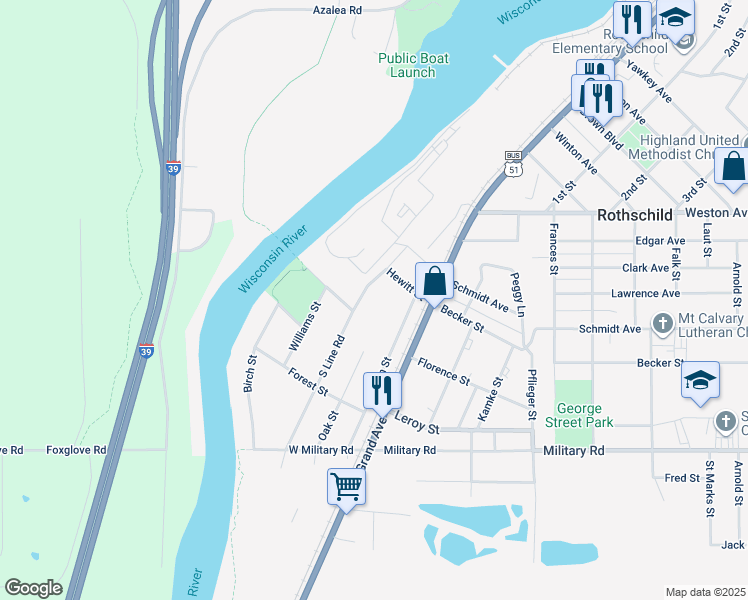 map of restaurants, bars, coffee shops, grocery stores, and more near 401 S Line Rd in Rothschild