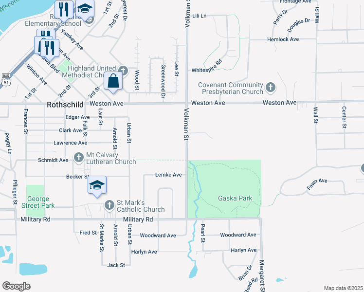 map of restaurants, bars, coffee shops, grocery stores, and more near 402 Volkman Street in Rothschild