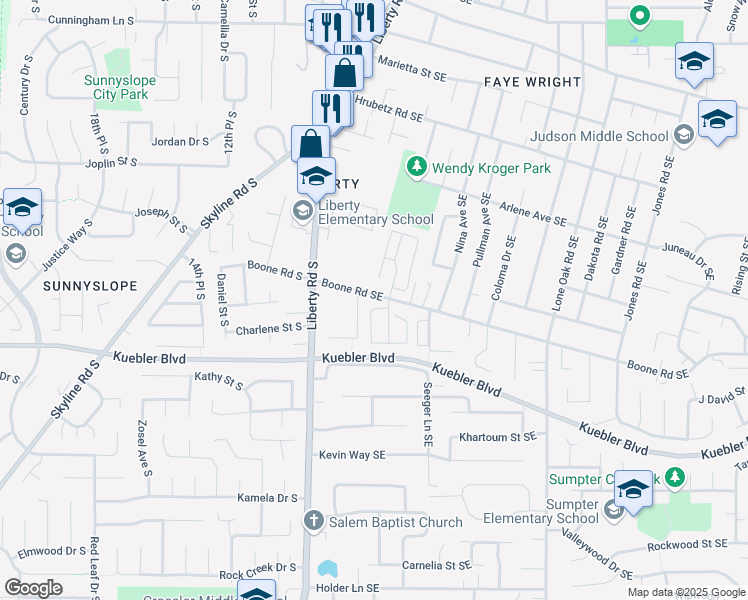 map of restaurants, bars, coffee shops, grocery stores, and more near 188 Boone Road Southeast in Salem