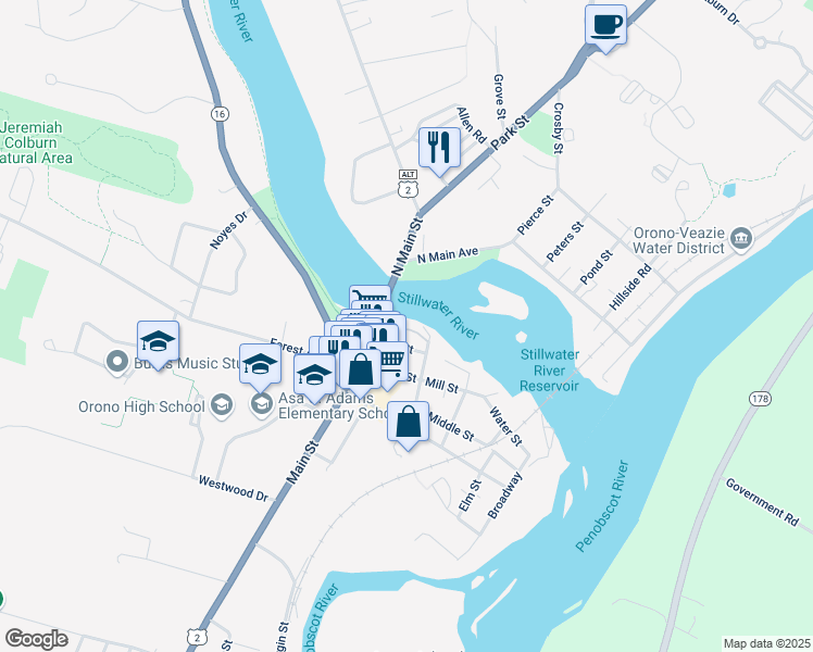 map of restaurants, bars, coffee shops, grocery stores, and more near 3 Canal Street in Orono