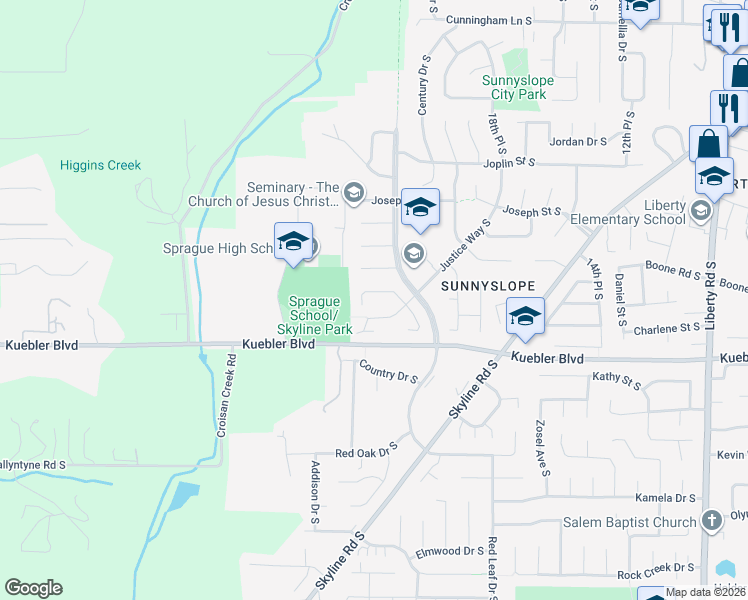 map of restaurants, bars, coffee shops, grocery stores, and more near 4864 Towhee Court South in Salem