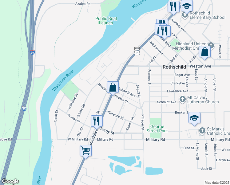 map of restaurants, bars, coffee shops, grocery stores, and more near 407 Grand Avenue in Rothschild