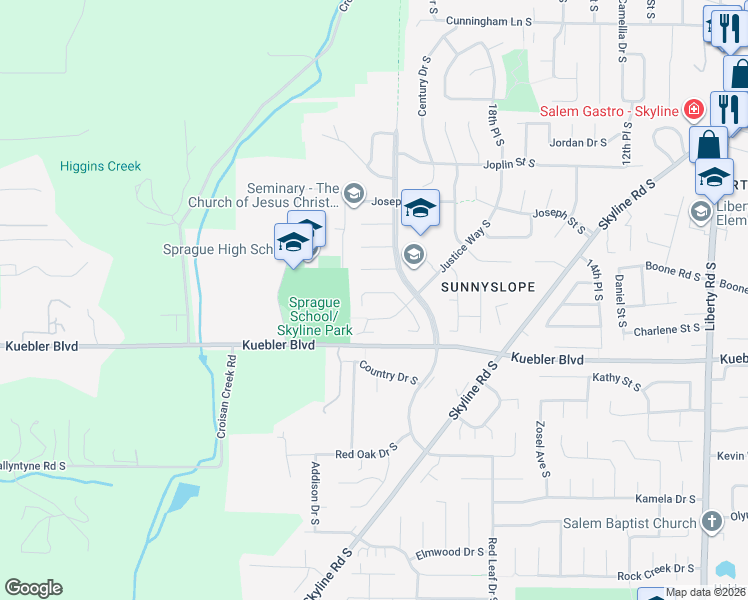 map of restaurants, bars, coffee shops, grocery stores, and more near 4864 Towhee Court South in Salem