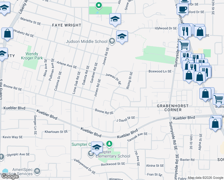 map of restaurants, bars, coffee shops, grocery stores, and more near 4885 Nadine Drive Southeast in Salem