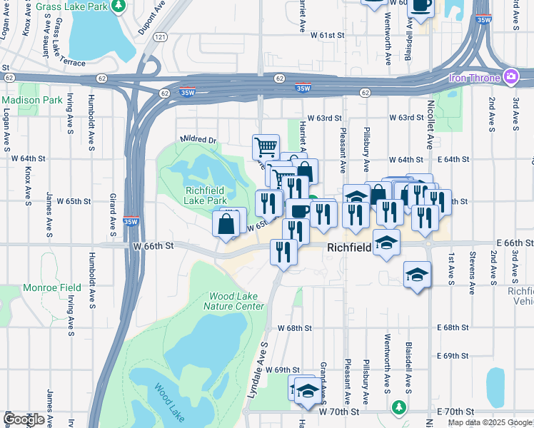 map of restaurants, bars, coffee shops, grocery stores, and more near 800 West 65th Street in Minneapolis