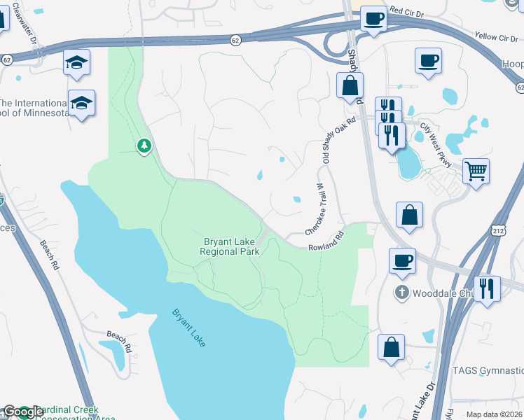 map of restaurants, bars, coffee shops, grocery stores, and more near 6533 Rowland Road in Eden Prairie
