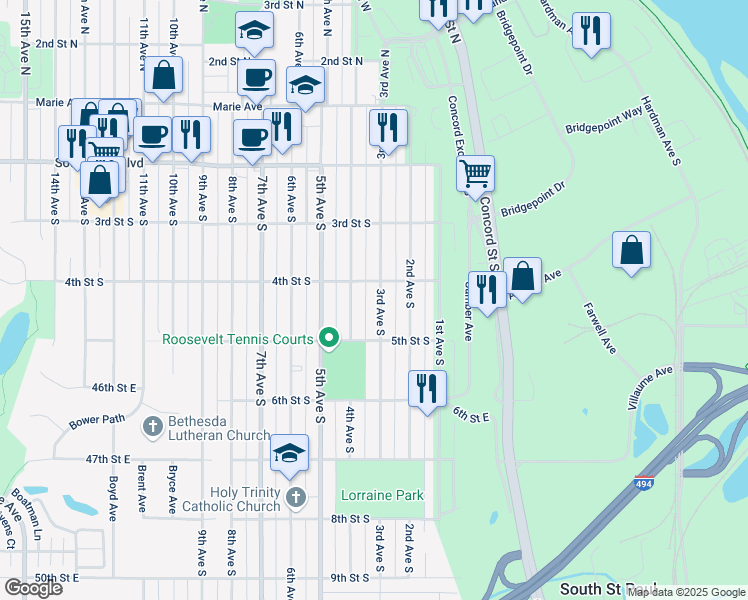 map of restaurants, bars, coffee shops, grocery stores, and more near 424 3rd Avenue South in South Saint Paul