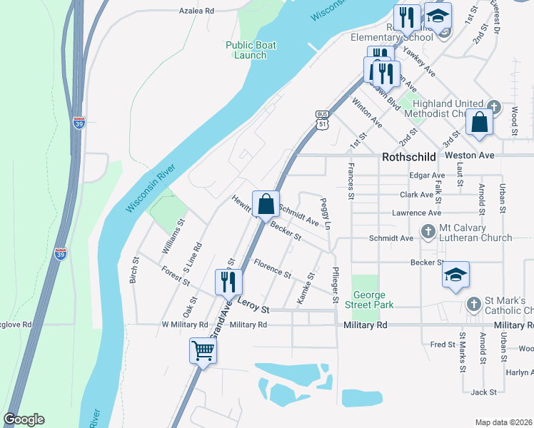 map of restaurants, bars, coffee shops, grocery stores, and more near Business Highway 51 South in Rothschild