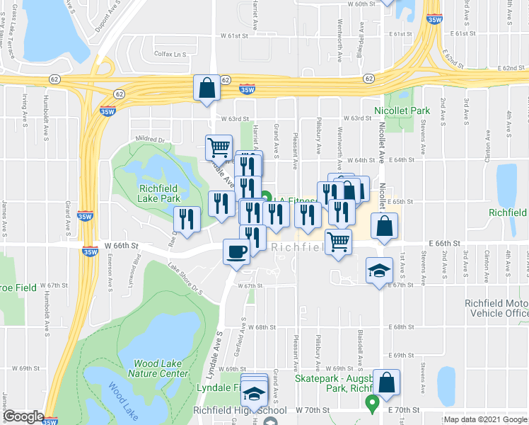 map of restaurants, bars, coffee shops, grocery stores, and more near 6501 Lyndale Avenue South in Minneapolis