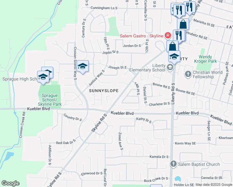 map of restaurants, bars, coffee shops, grocery stores, and more near 4873 Skyline Road South in Salem
