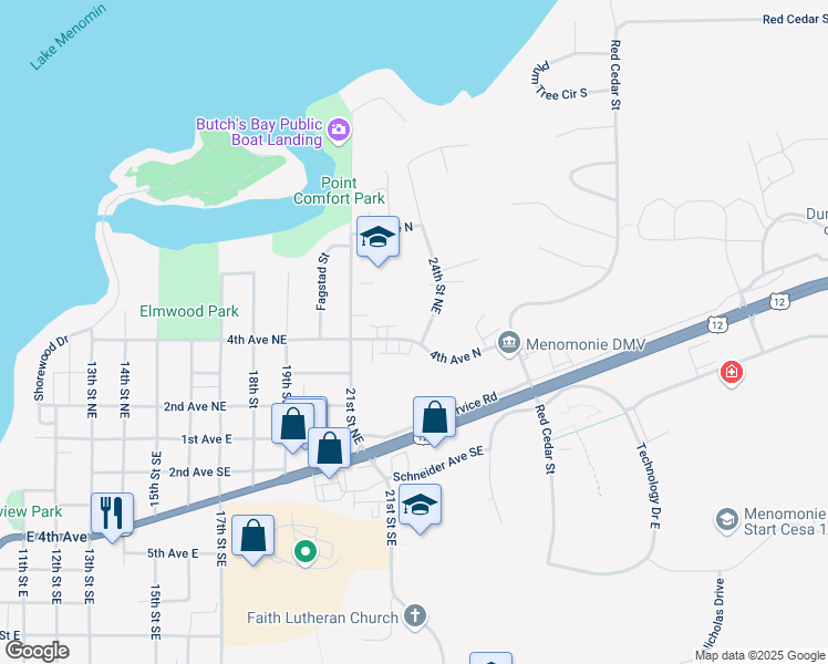 map of restaurants, bars, coffee shops, grocery stores, and more near 2212 4th Avenue Northeast in Menomonie