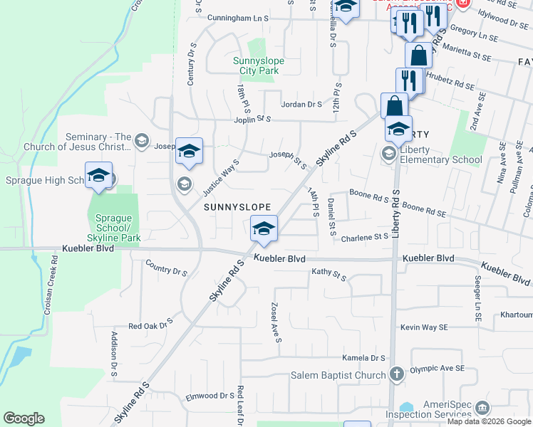 map of restaurants, bars, coffee shops, grocery stores, and more near 4873 Skyline Road South in Salem