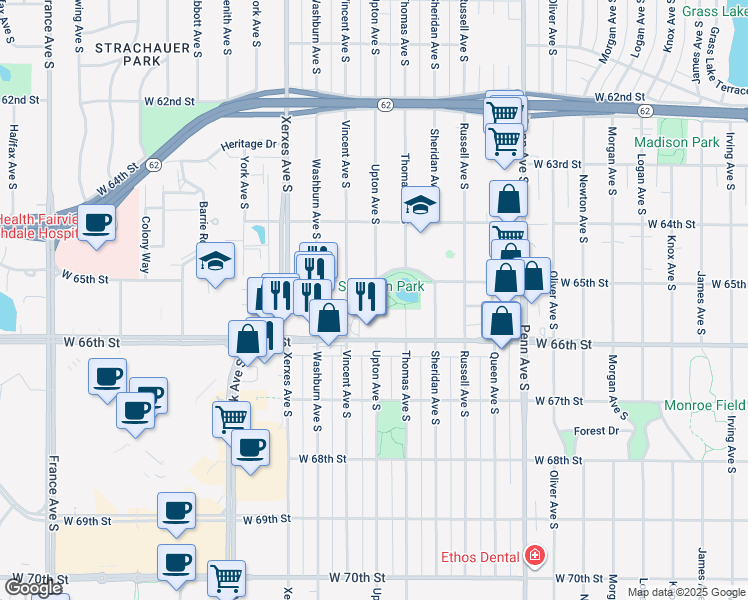 map of restaurants, bars, coffee shops, grocery stores, and more near 6500 Upton Avenue South in Richfield