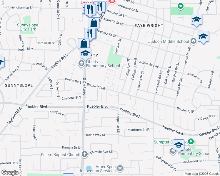 map of restaurants, bars, coffee shops, grocery stores, and more near 215 Boone Road Southeast in Salem
