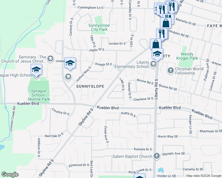 map of restaurants, bars, coffee shops, grocery stores, and more near 1592 Skyline Way South in Salem