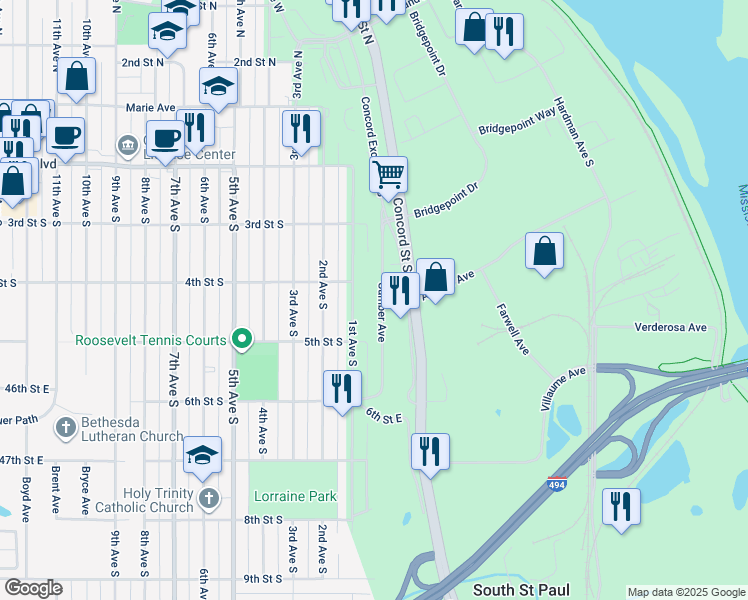 map of restaurants, bars, coffee shops, grocery stores, and more near 429 1st Avenue South in South Saint Paul