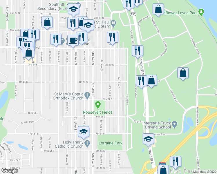 map of restaurants, bars, coffee shops, grocery stores, and more near 424 3rd Avenue South in South Saint Paul