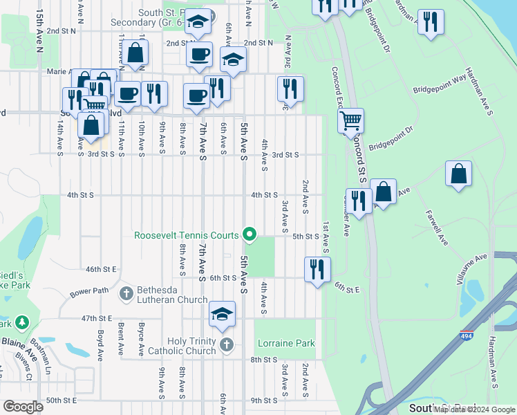 map of restaurants, bars, coffee shops, grocery stores, and more near 422 4th Avenue South in South Saint Paul
