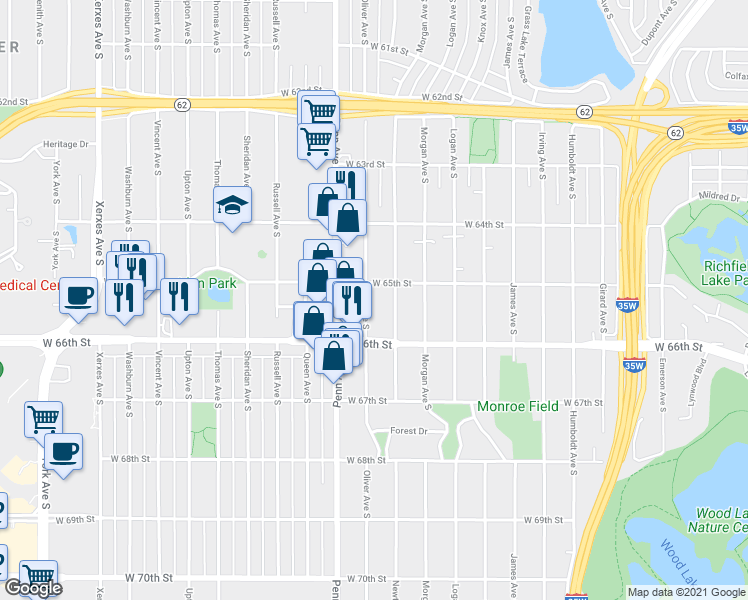 map of restaurants, bars, coffee shops, grocery stores, and more near 6526 Oliver Avenue South in Richfield
