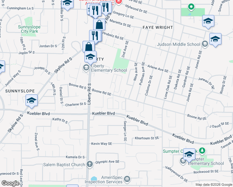map of restaurants, bars, coffee shops, grocery stores, and more near 215 Boone Road Southeast in Salem